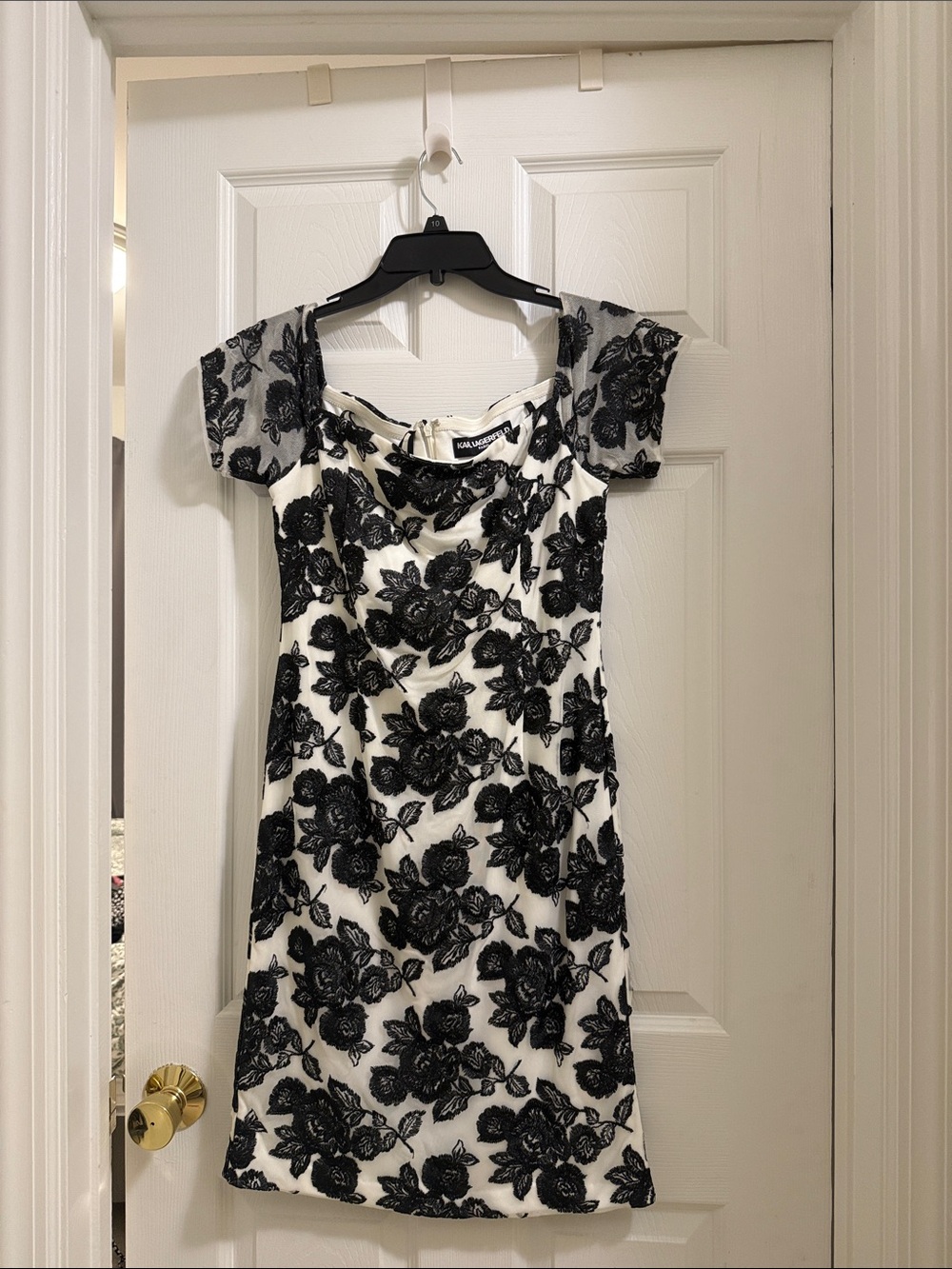 Karl Lagerfeld White Dress with Black Floral Lace Overlay